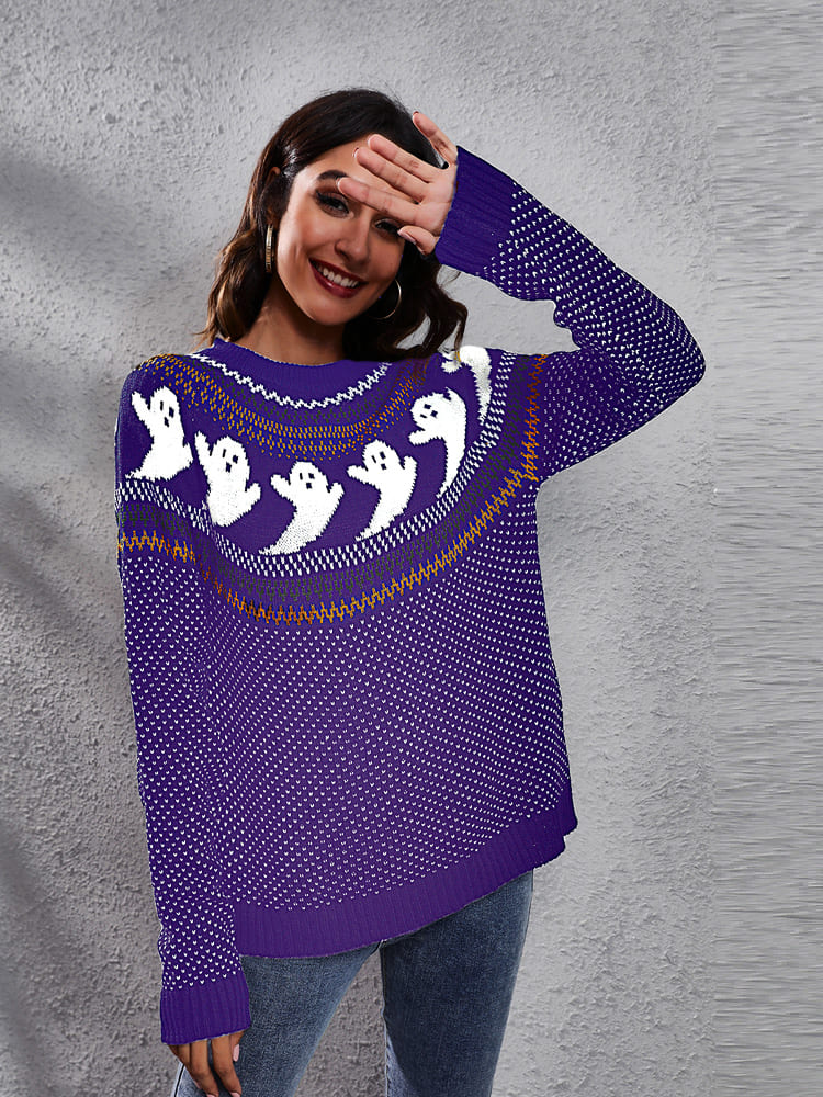 Literary Retro Ghost Pattern Round Neck Knitted Sweater