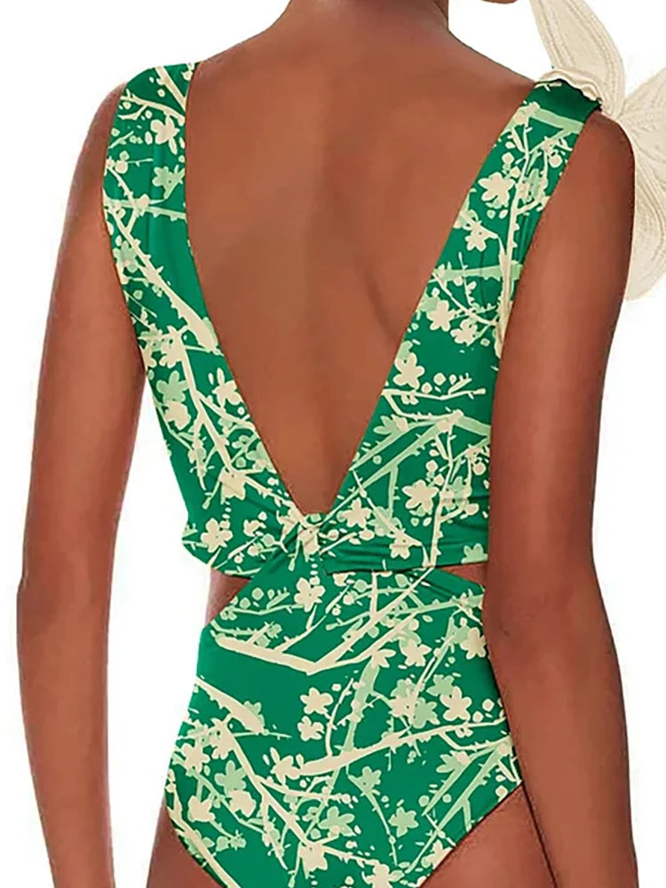 Floral Appliqué Green Printed One-Piece Swimsuit