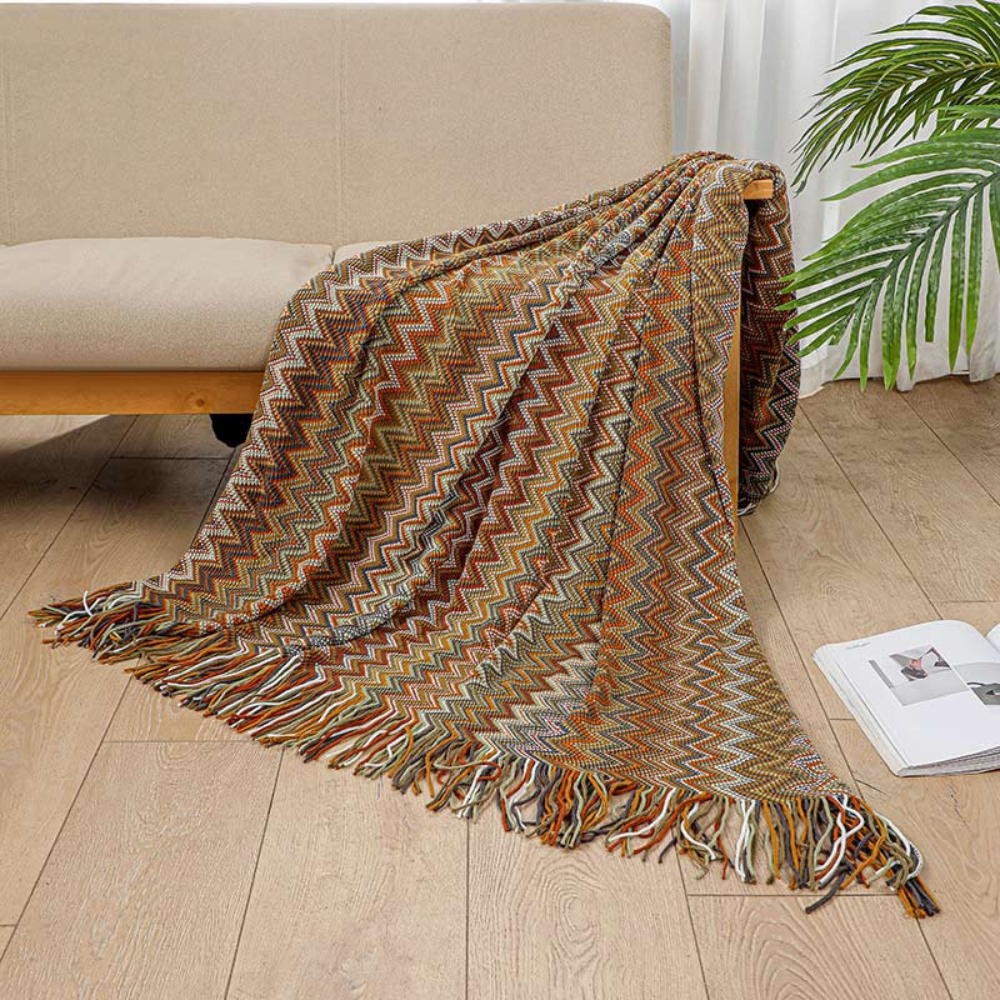 Multicolor Zigzag Tasseled Knit Throw