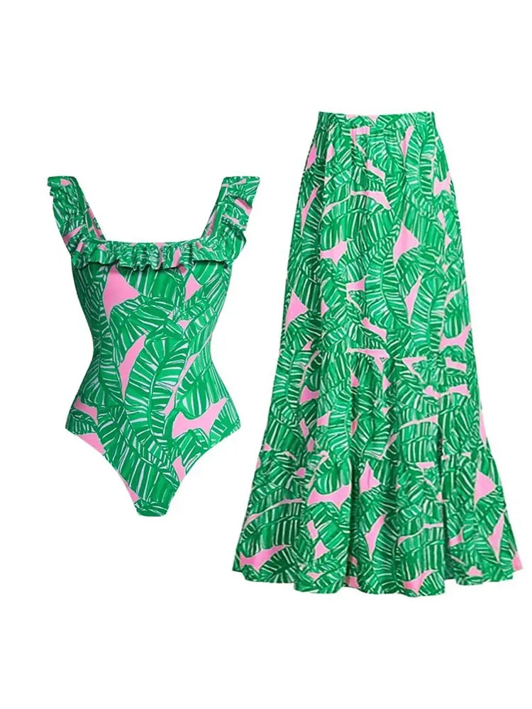 Green Ruffle Print One Piece Swimsuit