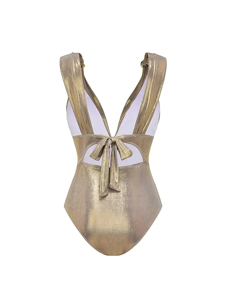 V-Neck Ruched Rhinestone One-Piece Swimsuit