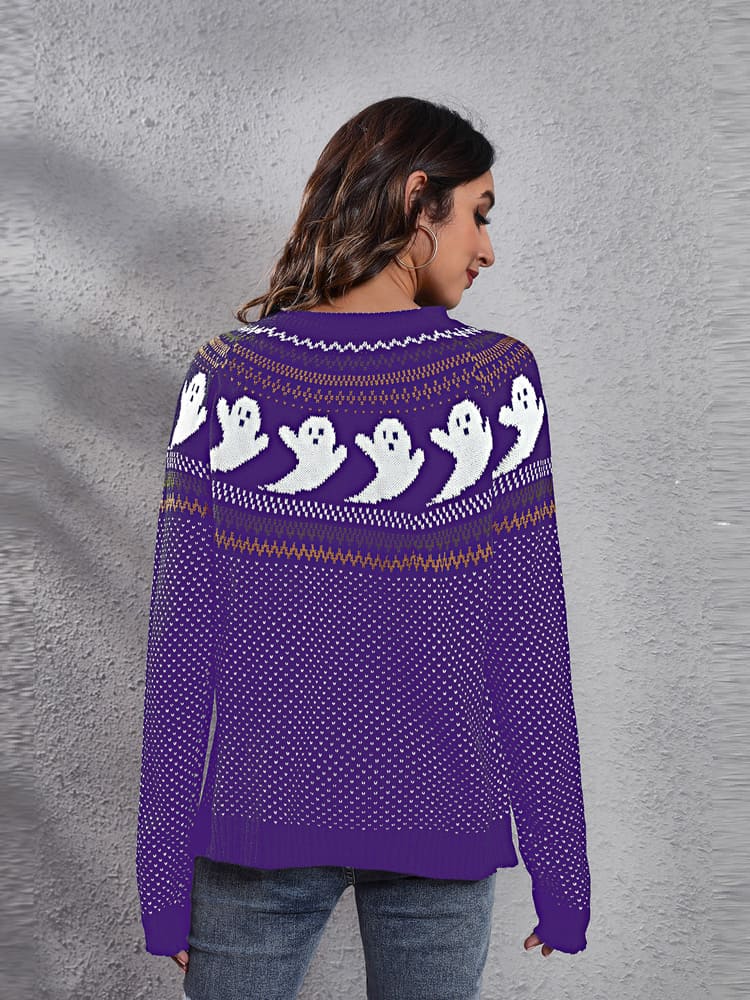 Literary Retro Ghost Pattern Round Neck Knitted Sweater