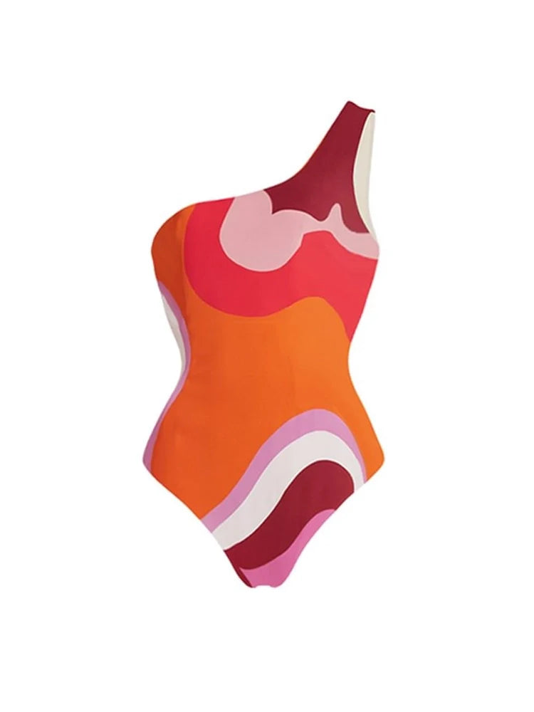 Geometric Print One Piece Swimsuit Set