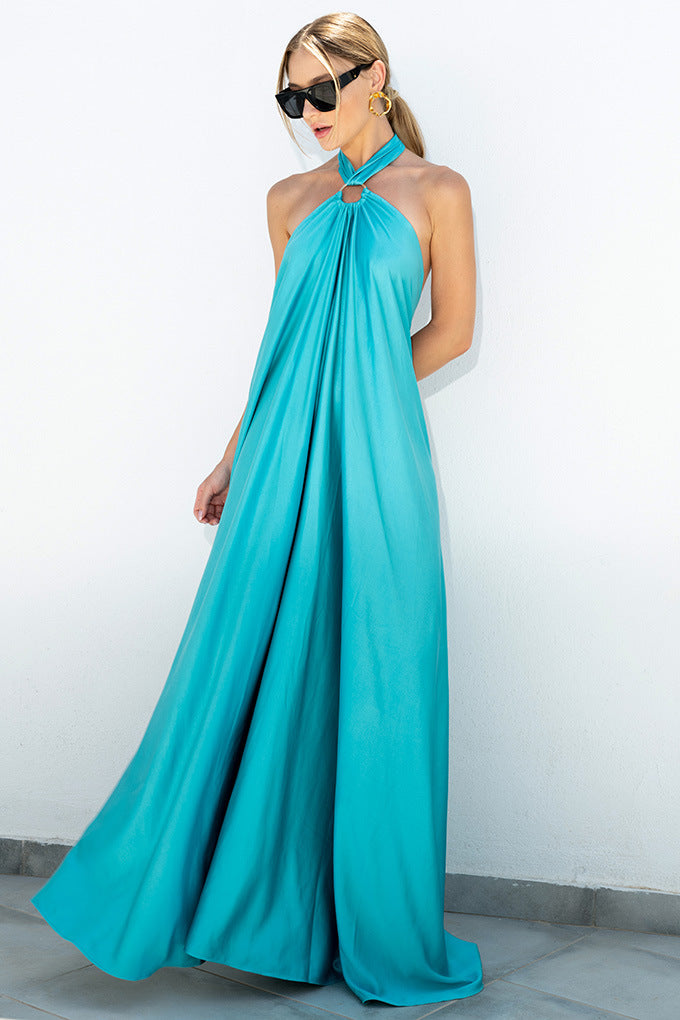 Satin Elegant Maxi long Dress: Backless Halter Neck