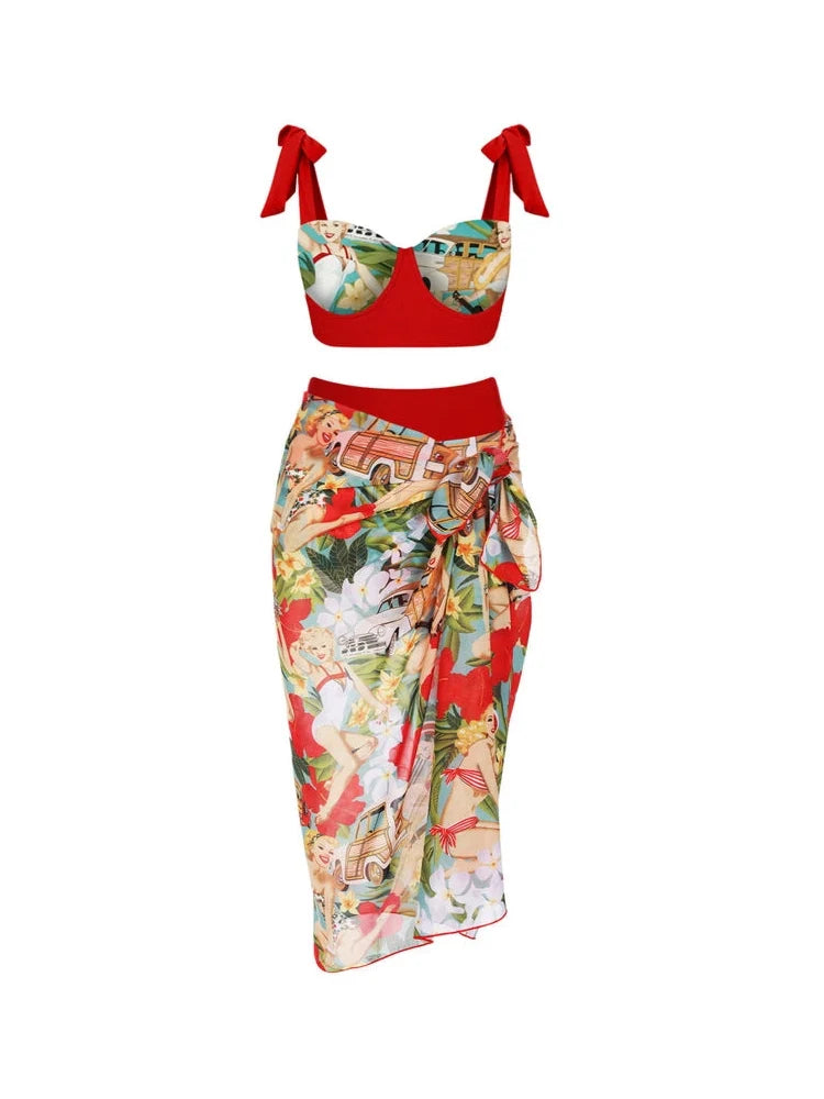 Tie-Front High-Waist Vintage Print Bikini Set
