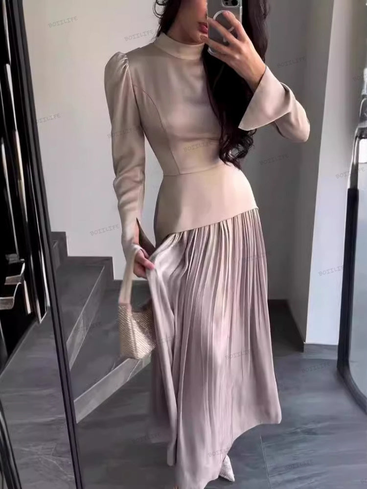 Color Block Splicing Slim Fit Lace-Up Long Sleeve Maxi Dress