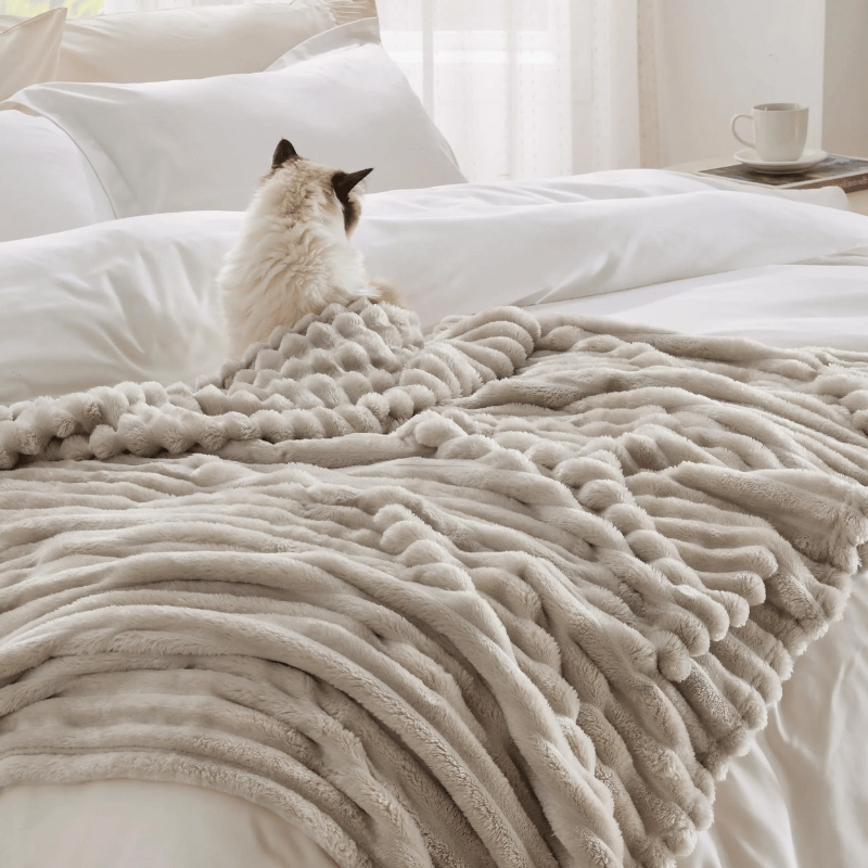 Luxury faux fur blanket in ivory white, soft and cozy throw for bedroom or living room winter decor
