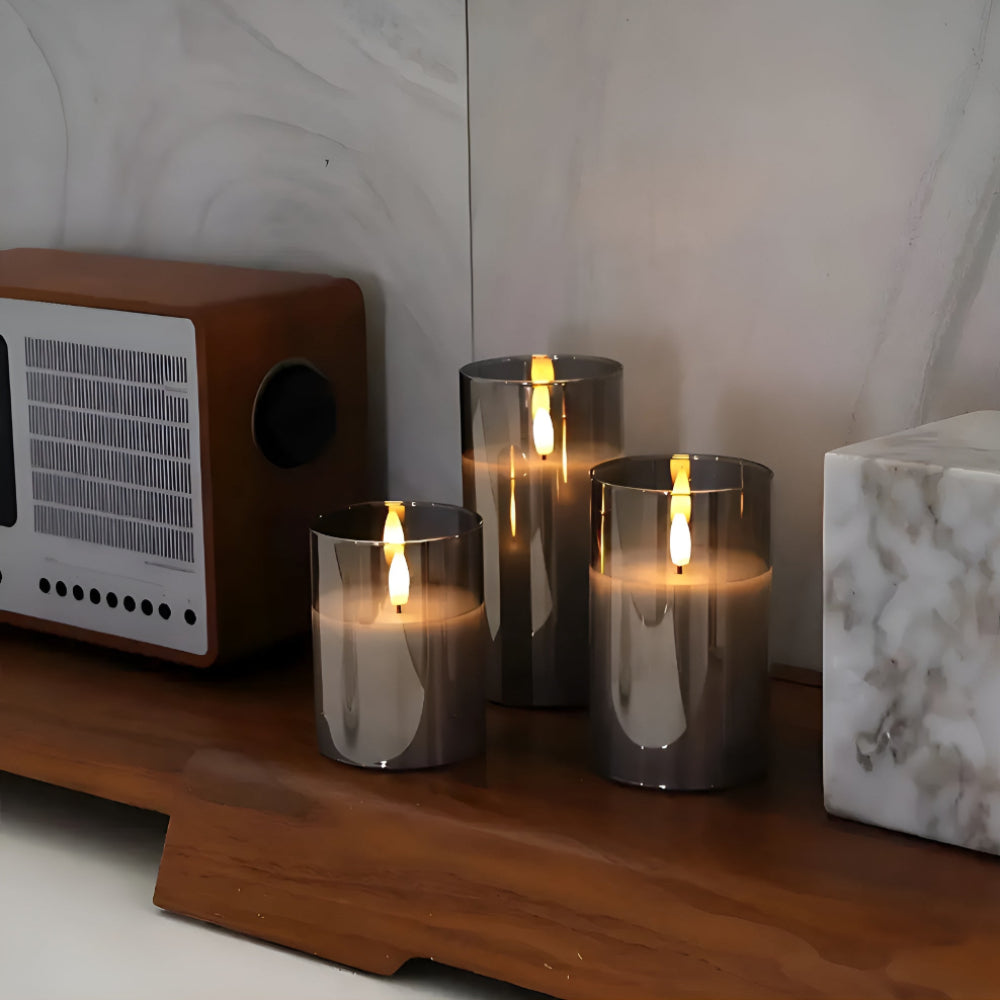 Set of flameless LED pillar candles with frosted glass, realistic battery-operated candles for home decor and ambient lighting