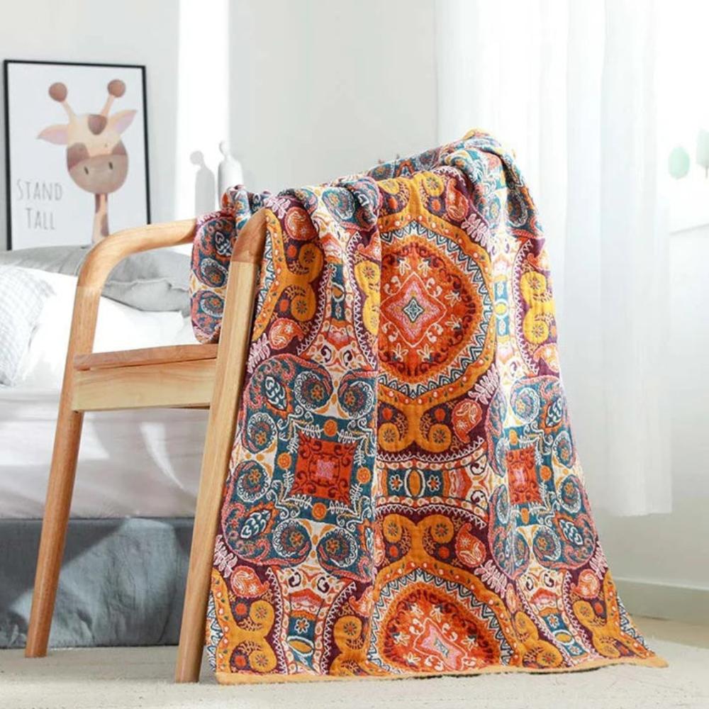 Cotton bathroom towel with colorful bohemian mandala design, soft and absorbent bath towel for daily use