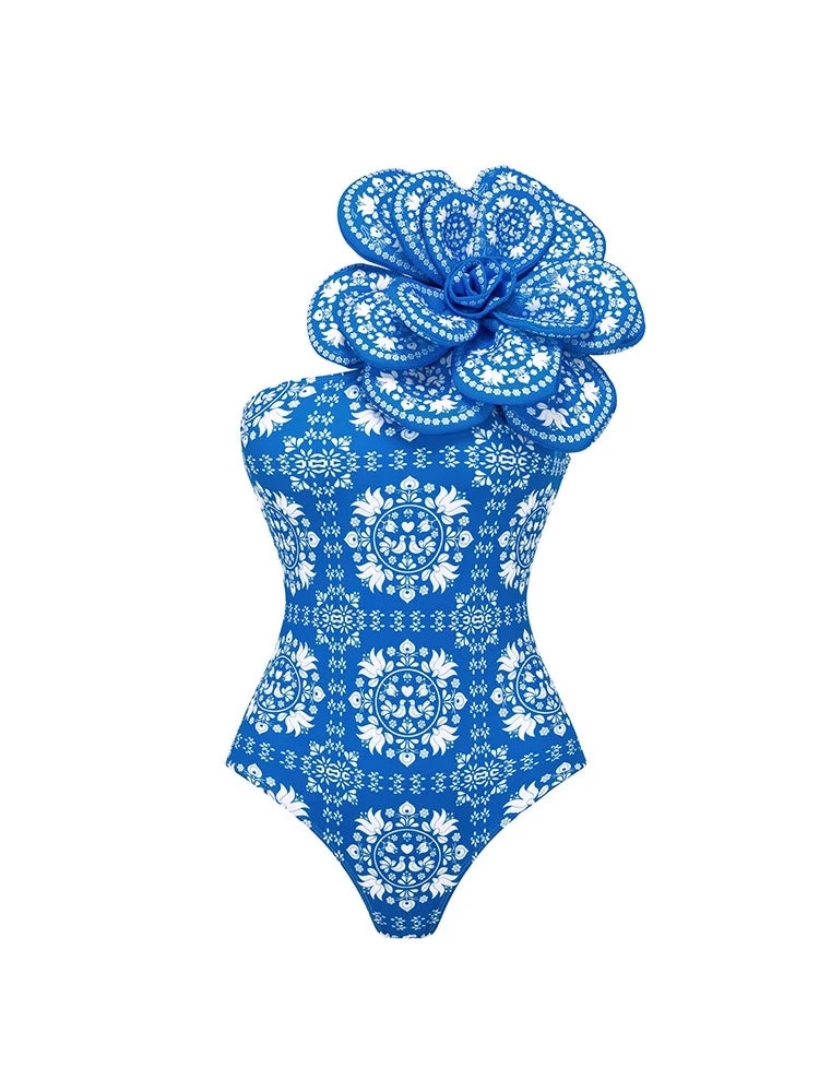 3D Floral Decor Ethnic Print Swimsuit