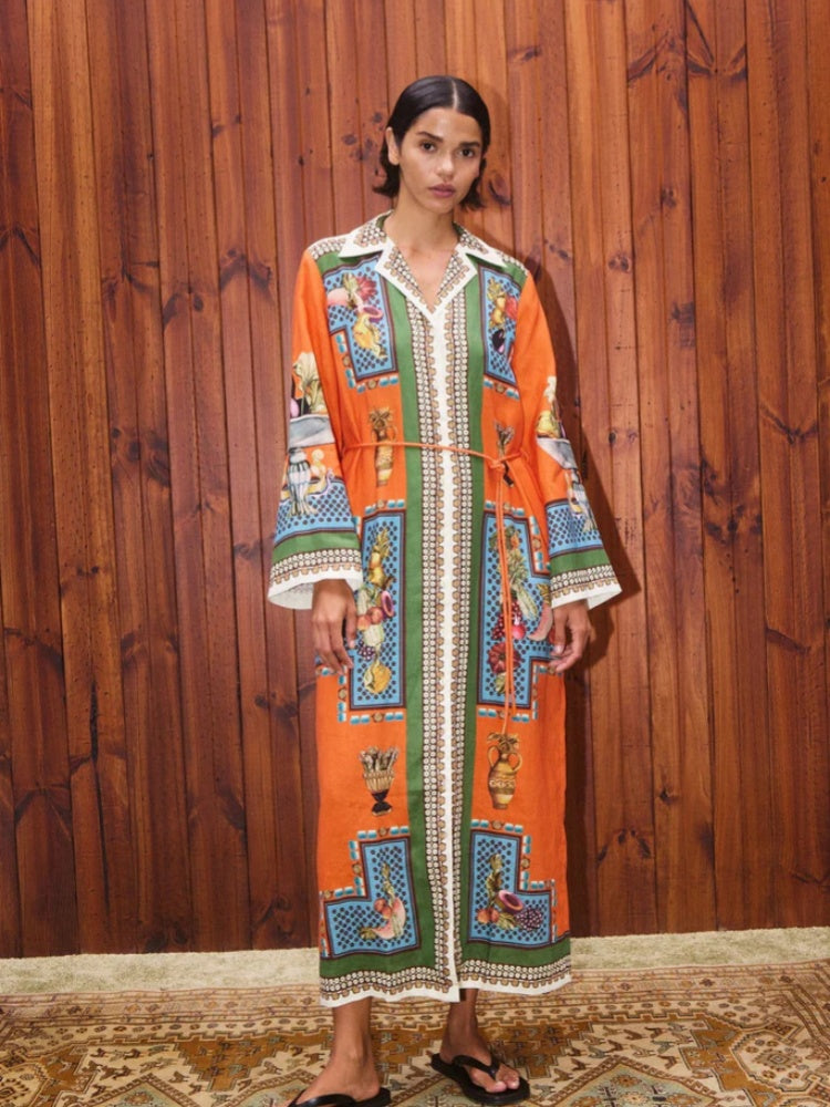 Long-Sleeve Linen Waist Dress