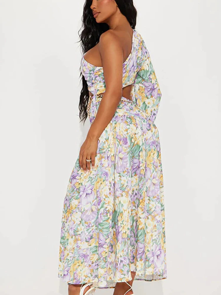 One Shoulder Cutout Floral Swimsuit Set