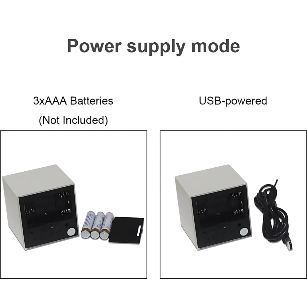 Wooden digital alarm clock with LED temperature display, modern cube desk clock for home or office