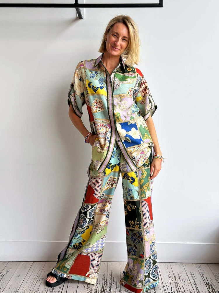 Casual Color-Block Shirt and Pants Set