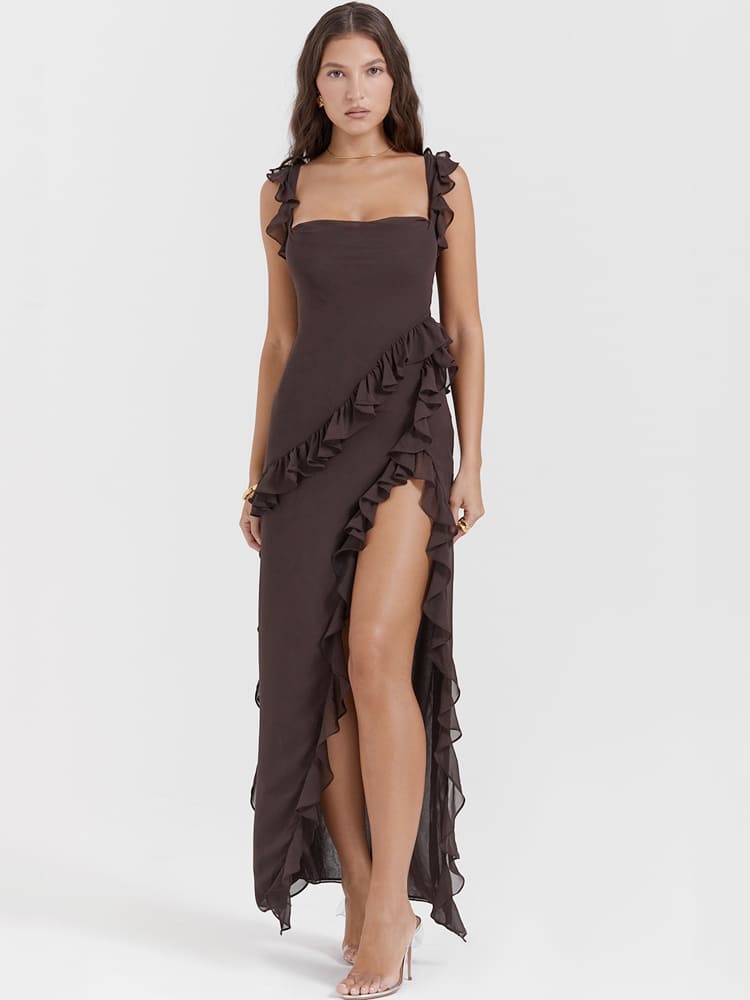 Ruffled Long Maxi Slip Dress - Coffee