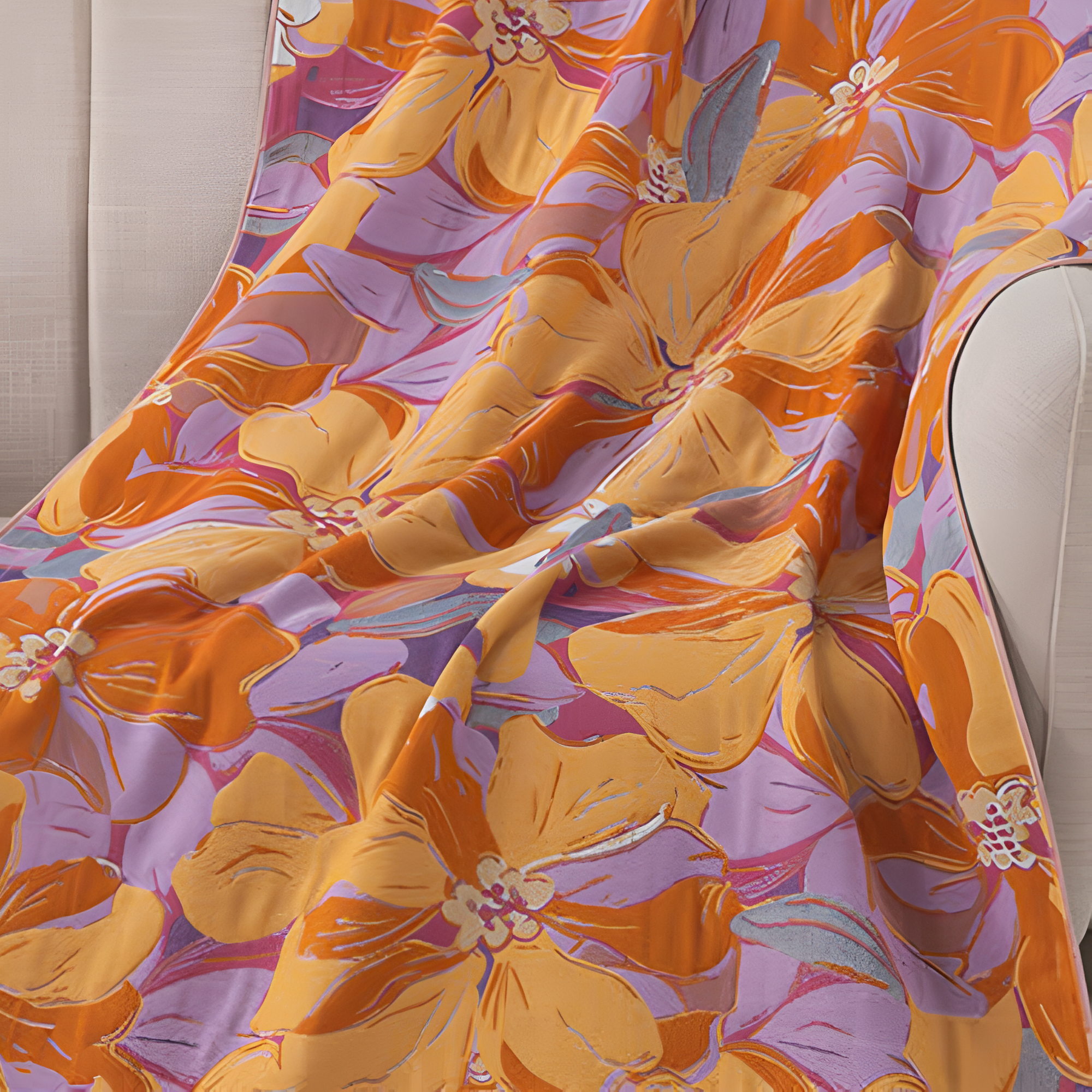 Soft throw blanket with large orange and purple floral print, decorative bed or sofa cover