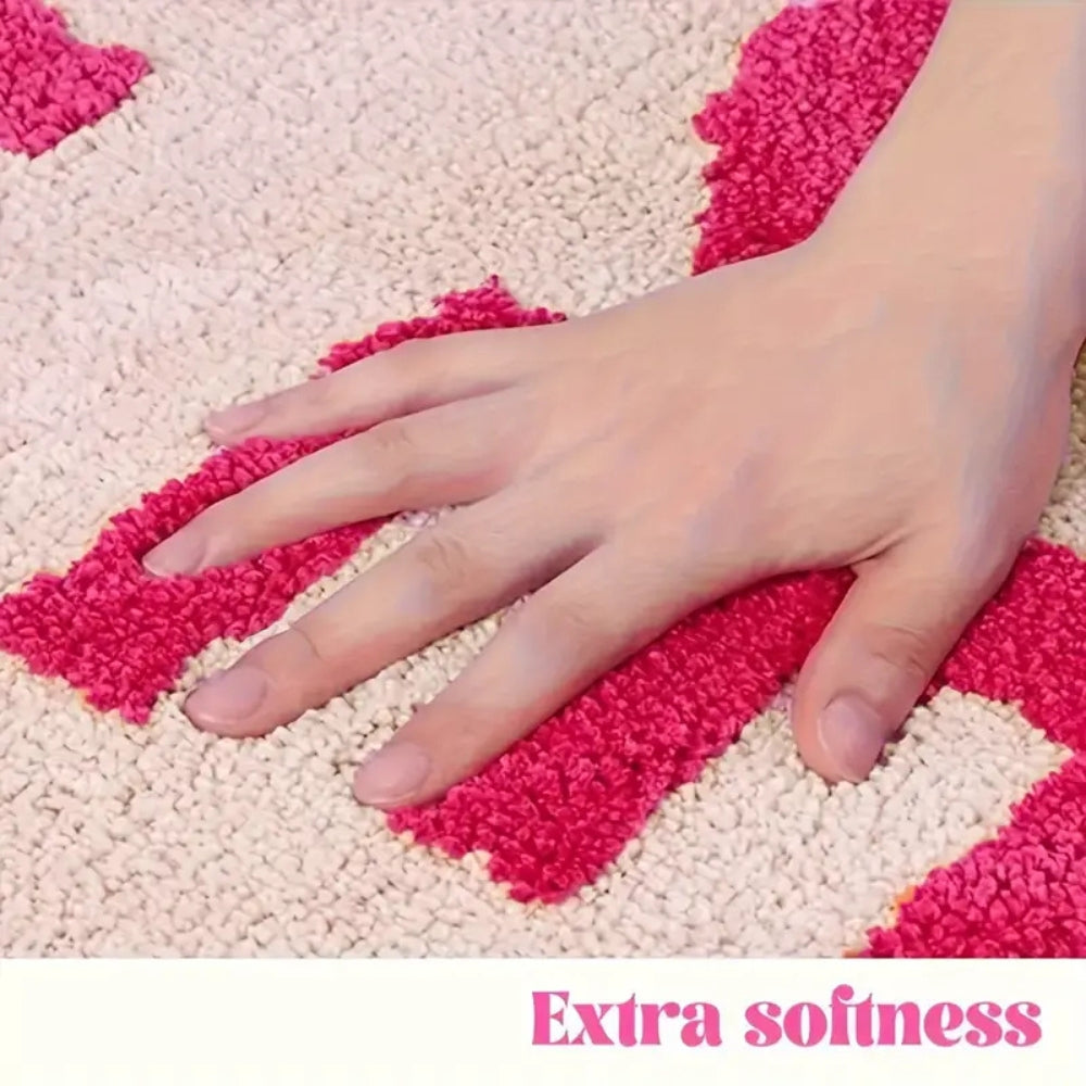 Pink bath mat with bold red ‘Get Naked’ lettering, soft absorbent funny bathroom rug for modern decor