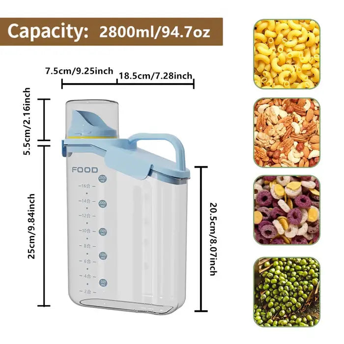 Airtight plastic food storage containers with measuring cup lid, kitchen canisters for rice, grains, beans, and cereals