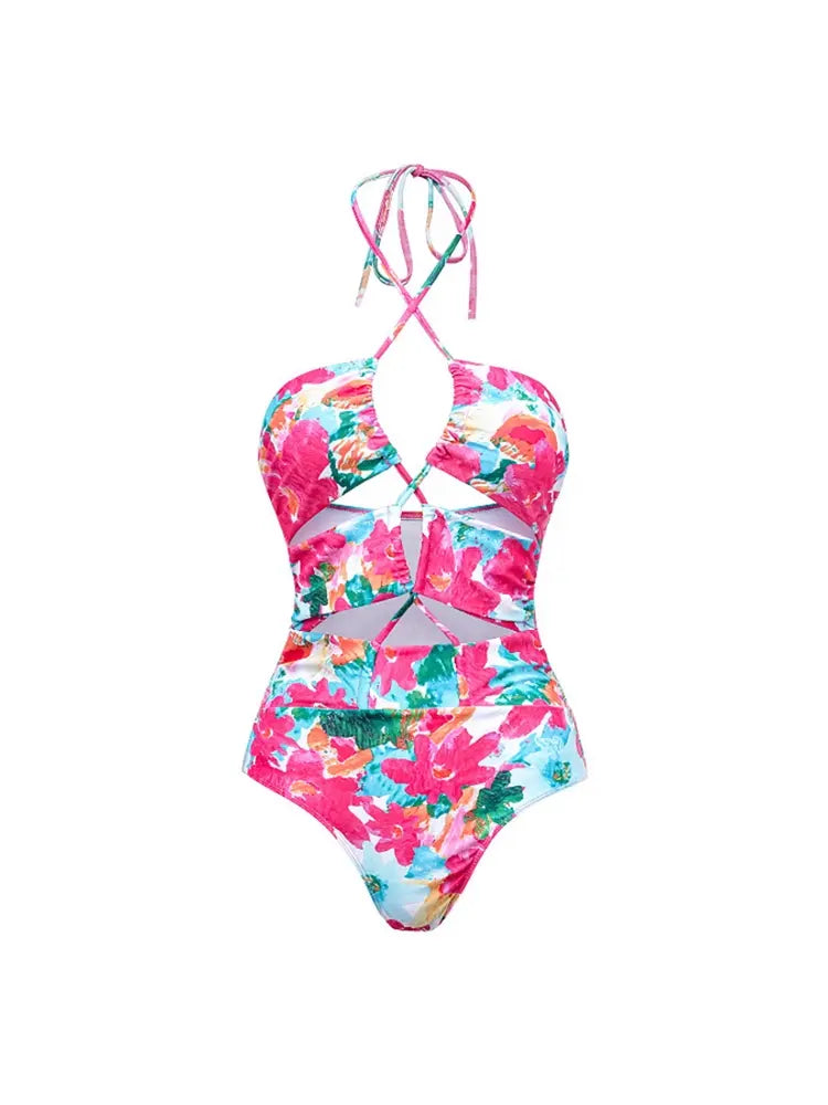 Print Cutout One Piece Swimsuit Set