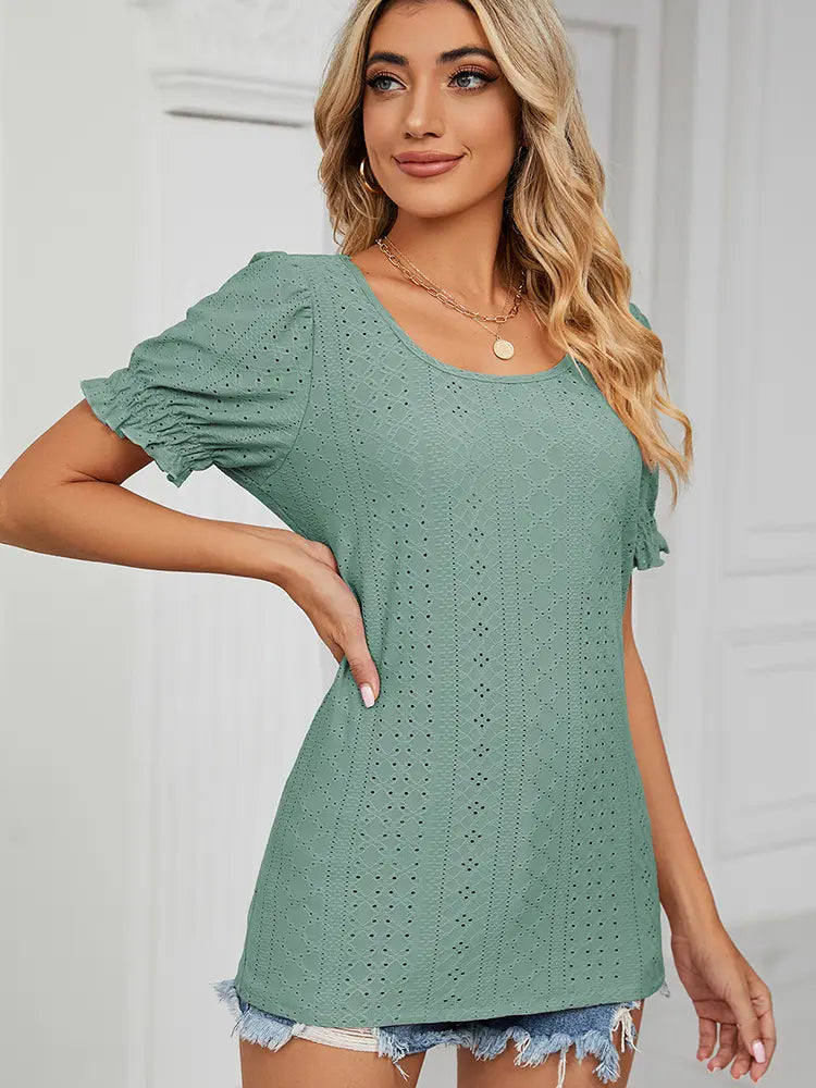 Summer Solid Crew-Neck Princess Sleeve Top