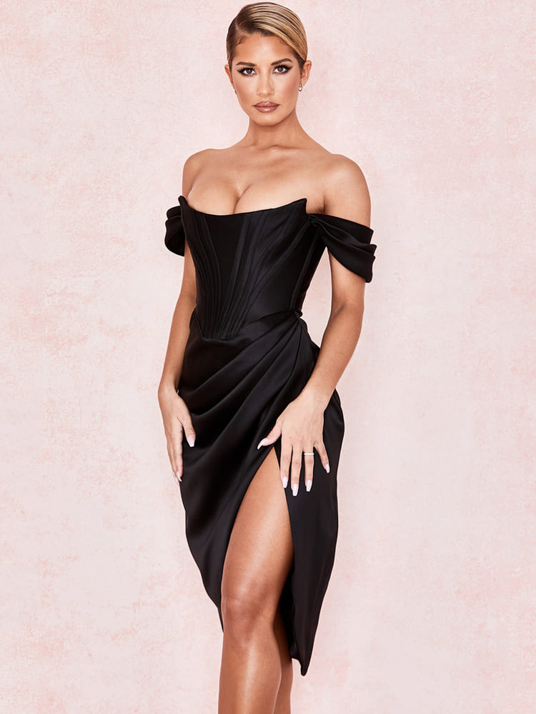 Cap Shoulder Corset Bodycon Midi Dress - Black