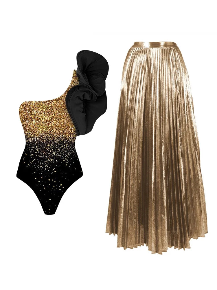 One Shoulder Print and Floral Strapless Set