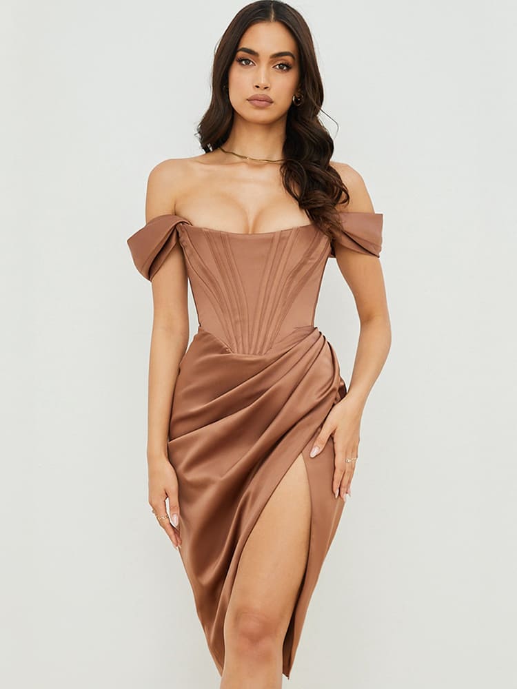 Cap Shoulder Corset Bodycon Midi Dress - Toffee Brown