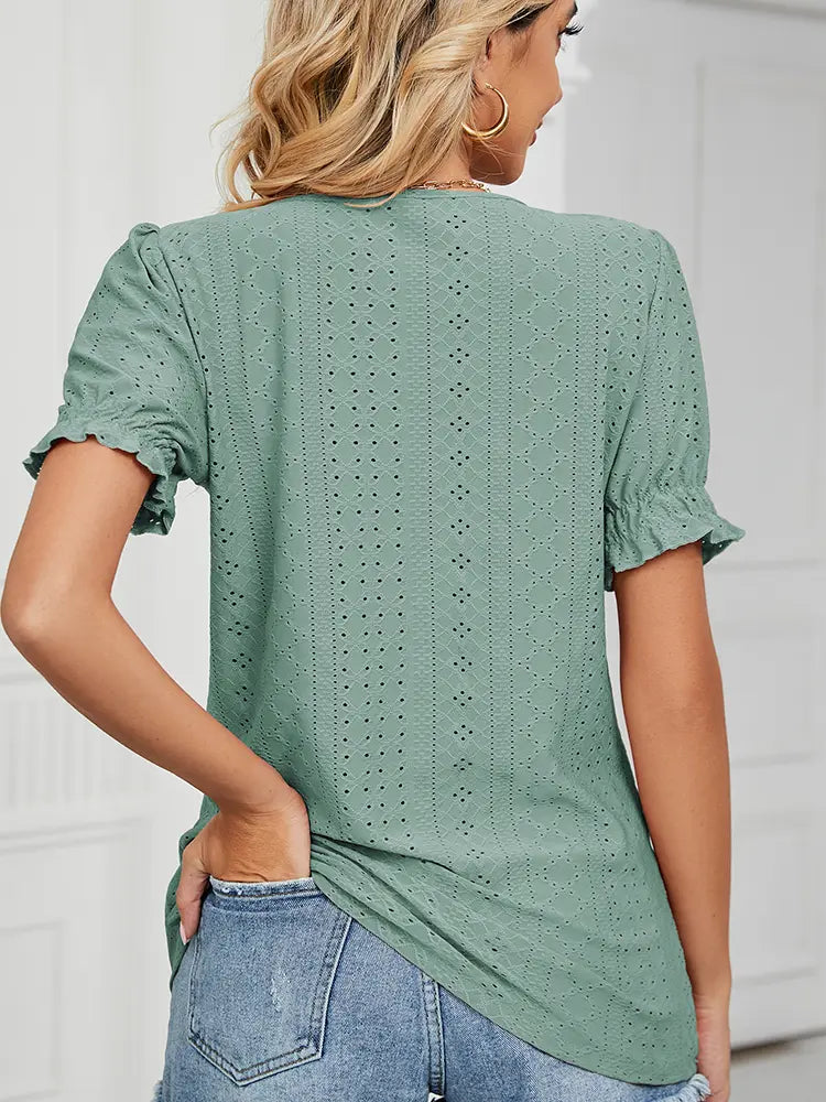 Summer Solid Crew-Neck Princess Sleeve Top