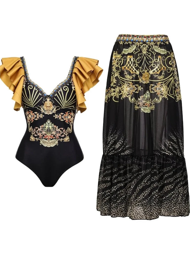 Black Gold Ruffle Swimsuit Set