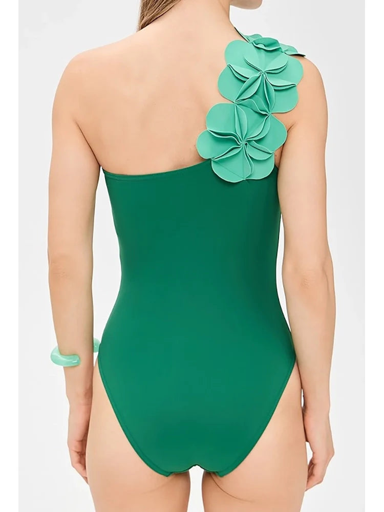 Green One-Shoulder 3D Floral Swimsuit
