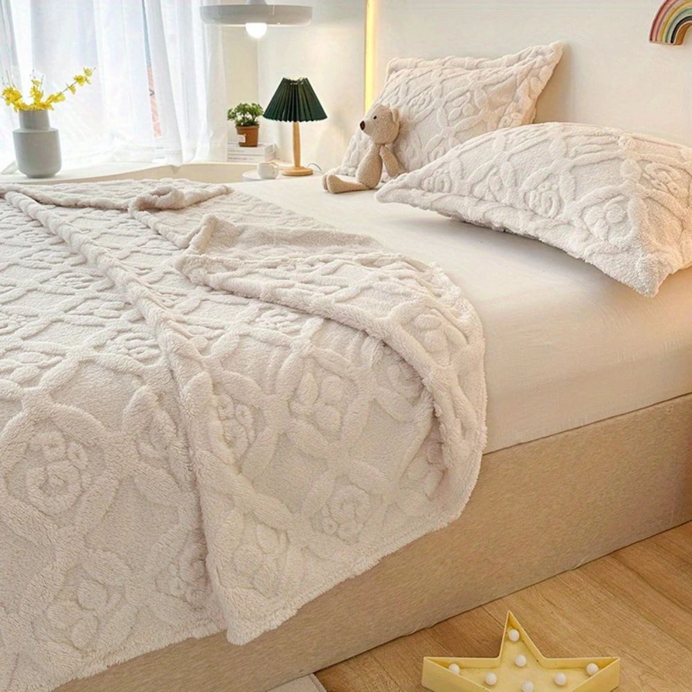 Leaf Embroidery Fleece Winter Blanket