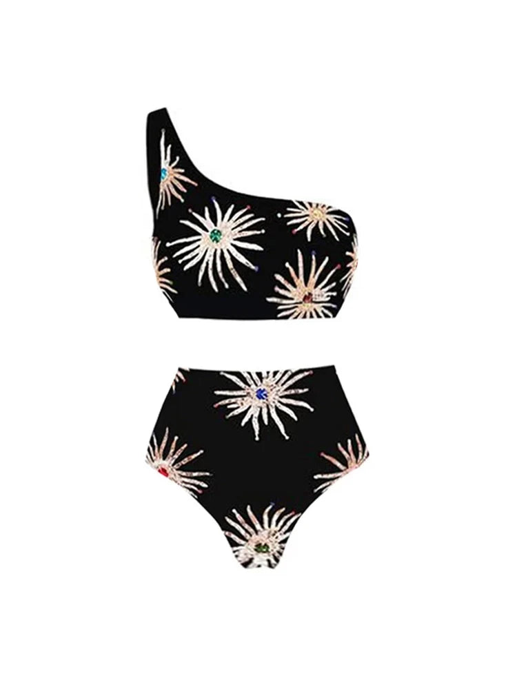 One-Shoulder High-Waist Printed Bikini Set