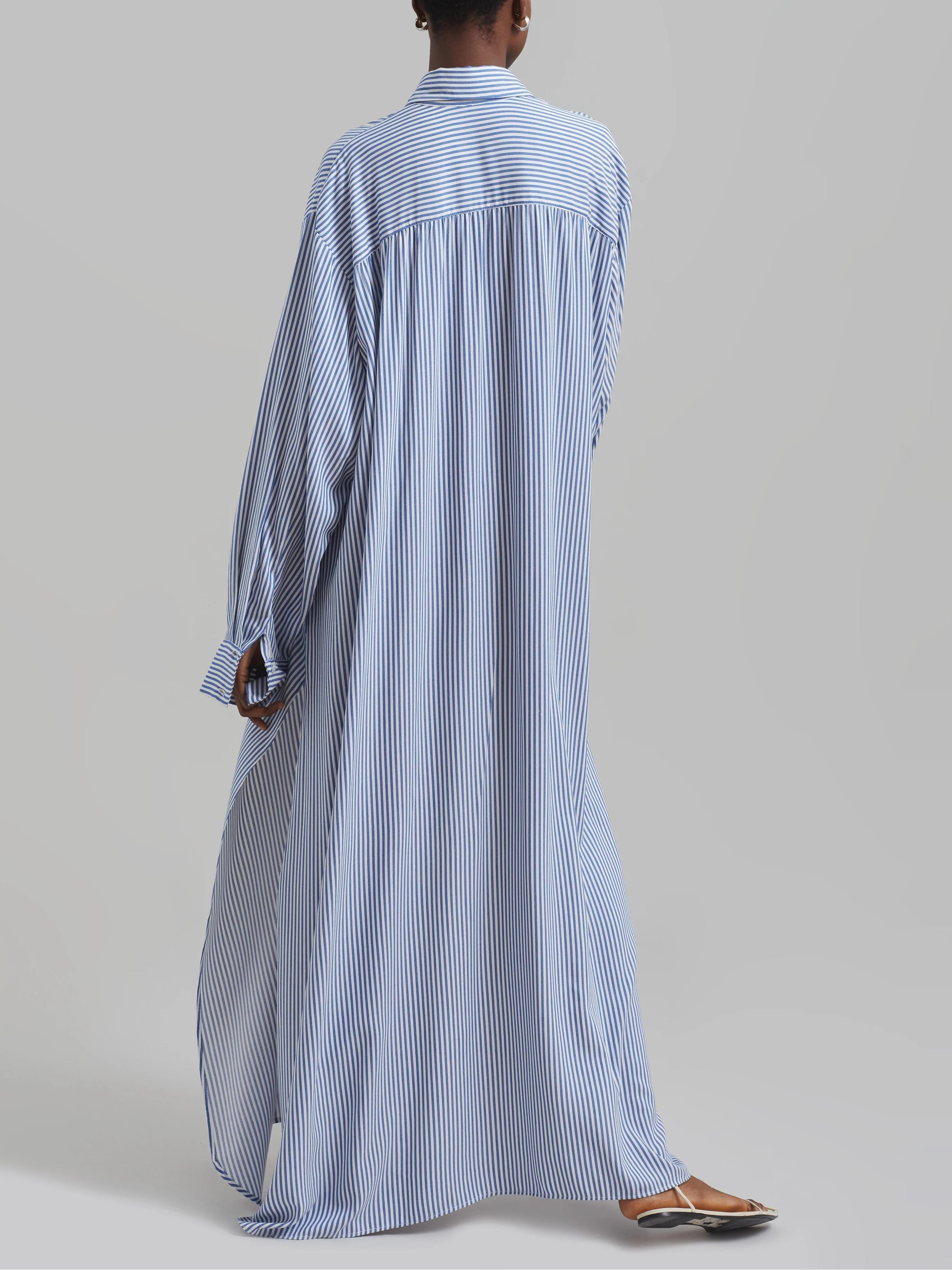 Avery Fluid Shirt Dress - White/Blue Stripe