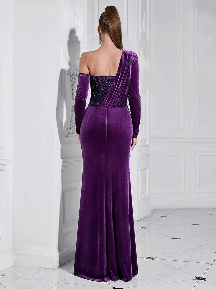 Purple Sequin High-Slit Long Dress