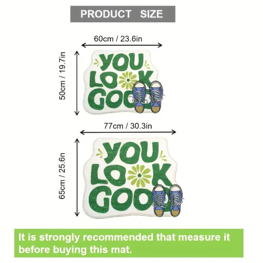Green and white bathroom rug with retro text design ‘You Look Good’, soft absorbent bath mat with floral accent