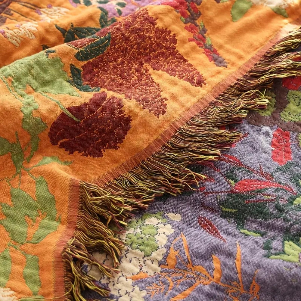 Botanic Floral Cotton Tassel Blanket