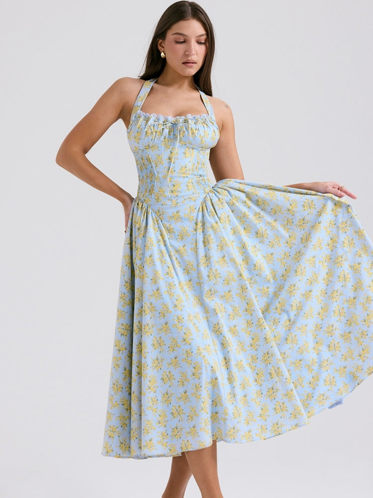 Soft Blue Vintage Floral Print Backless Tank Dress