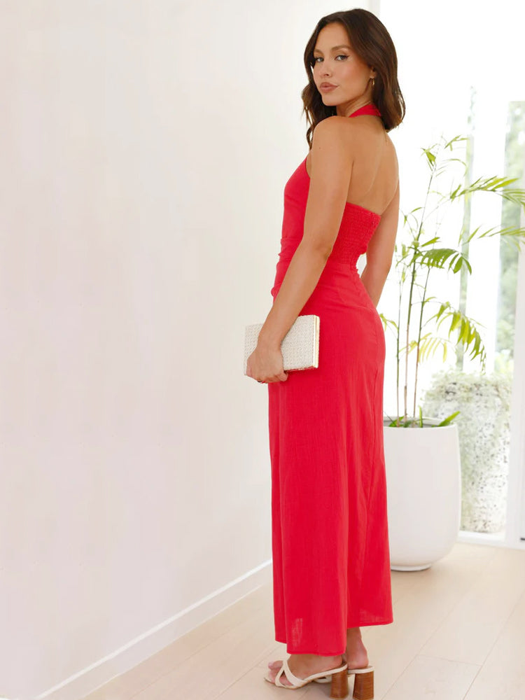 Casual Solid Color Sleeveless Backless Halter Midi Dress