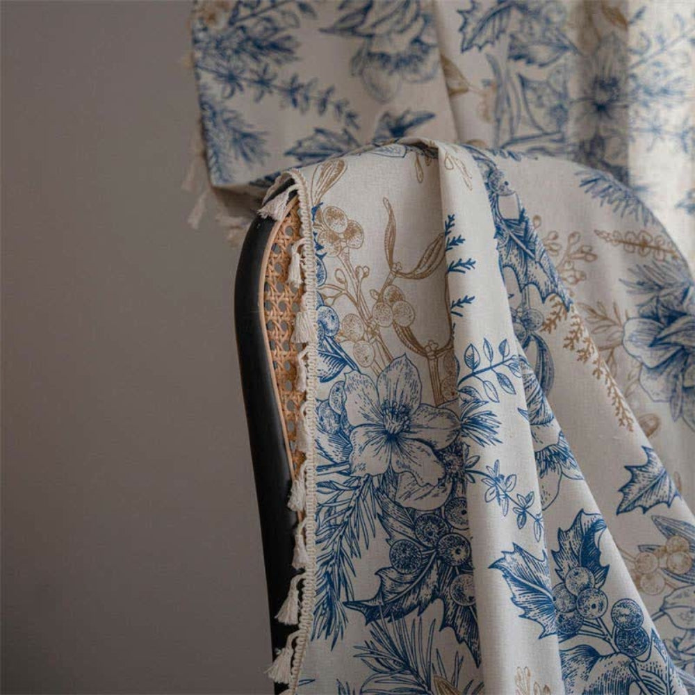 Farmhouse Botanical Blue Floral Curtain