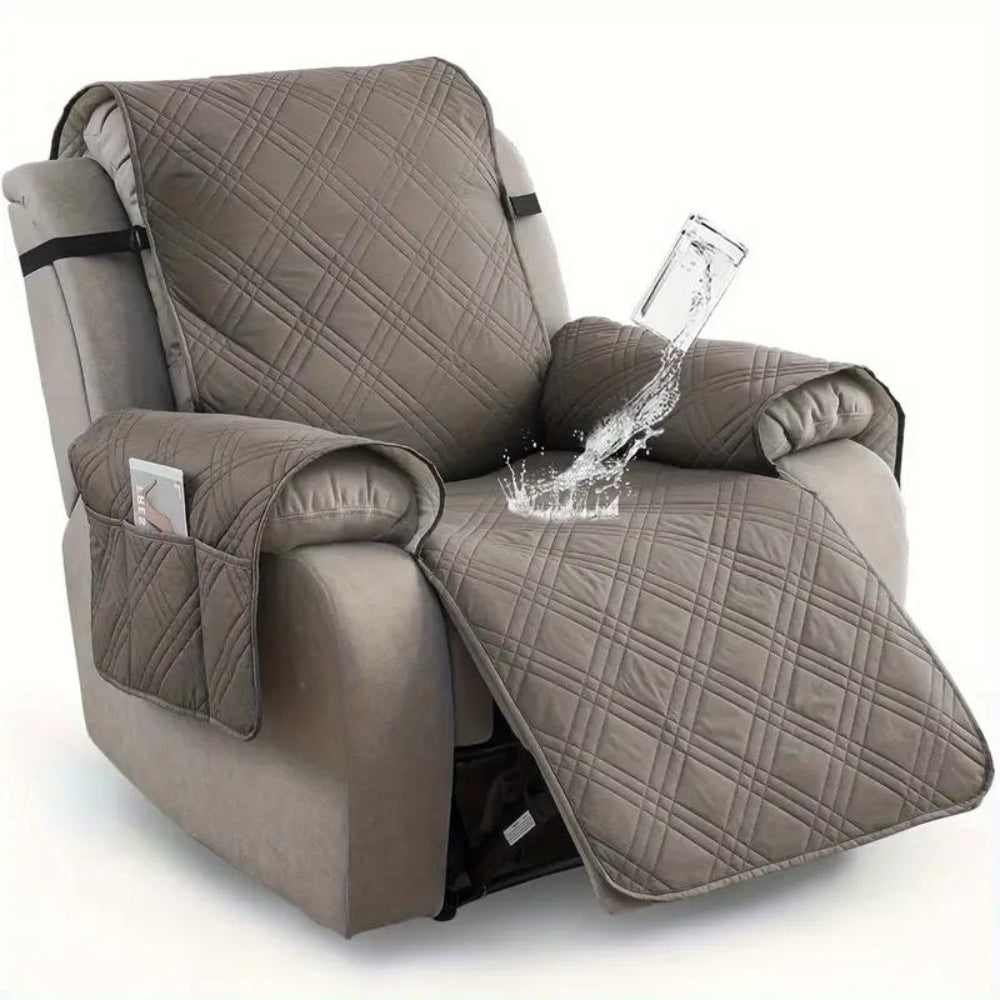 Grey quilted recliner chair cover – waterproof furniture protector with side pockets for living room seating