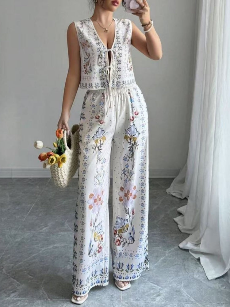 Tie-Up Vest & Wide-Leg Pants Set – Sky Blue Print