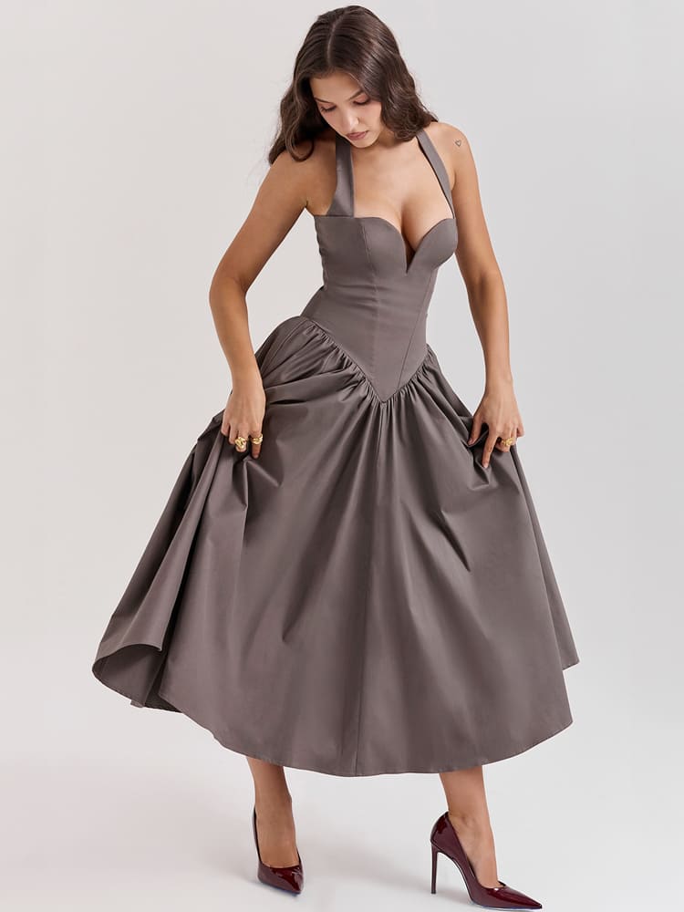 Halter Neck Midi Dress with Side Slit - Smoky Gray