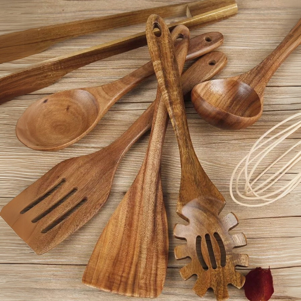 Set of wooden cooking utensils with whisk – eco-friendly kitchen spoons, spatulas, and pasta server for non-stick cookware