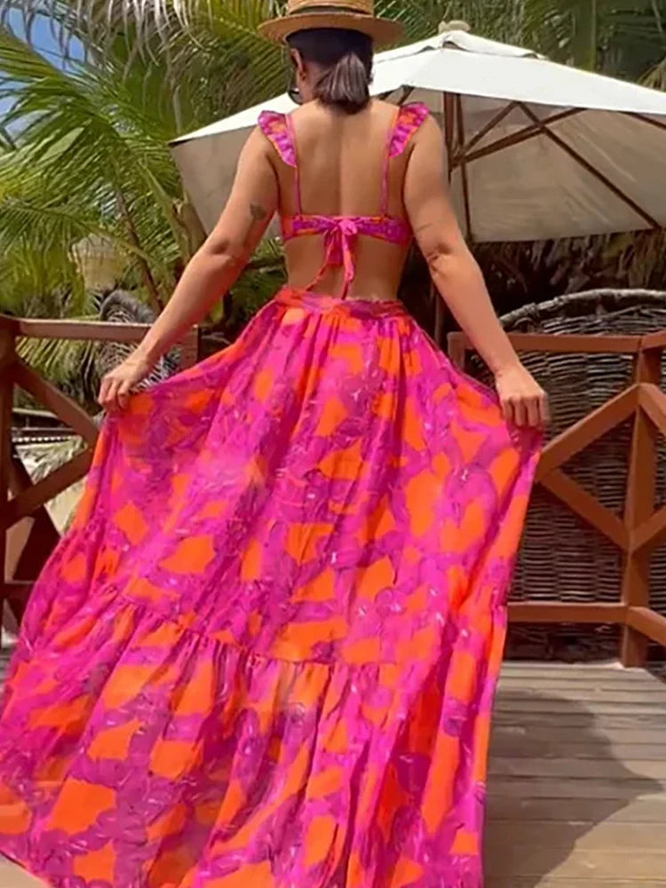 Floral Ruffled High-Waist Bikini Skirt Set