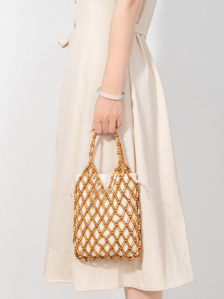 Hollow-Out Wooden Bead Woven Tote Bag