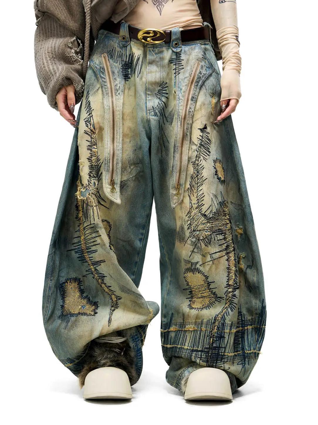Plato-Dyed Embroidered Scimitar Jeans