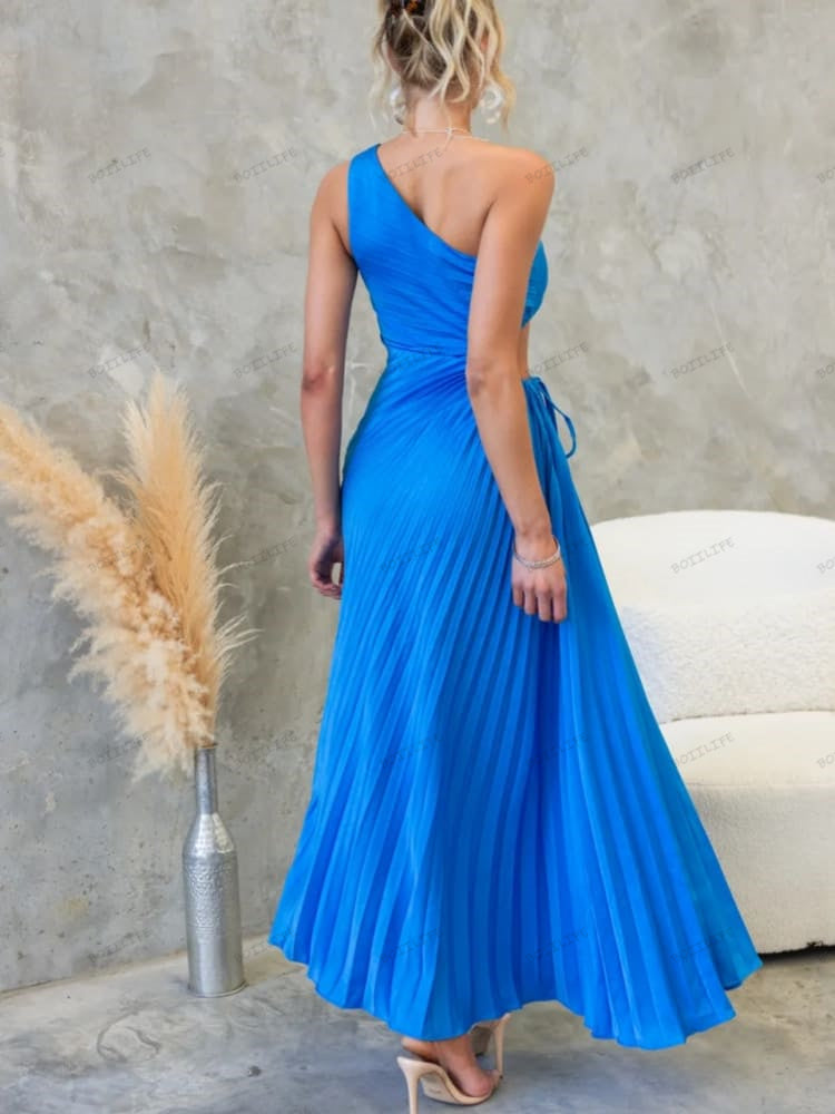 Pleated One-Shoulder Cut-Out Waist Gown