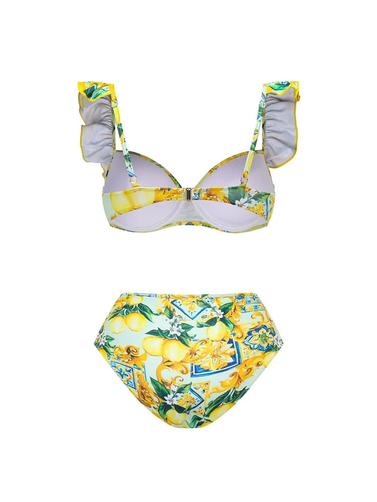 Lemon Print Ruffle Bikini Set