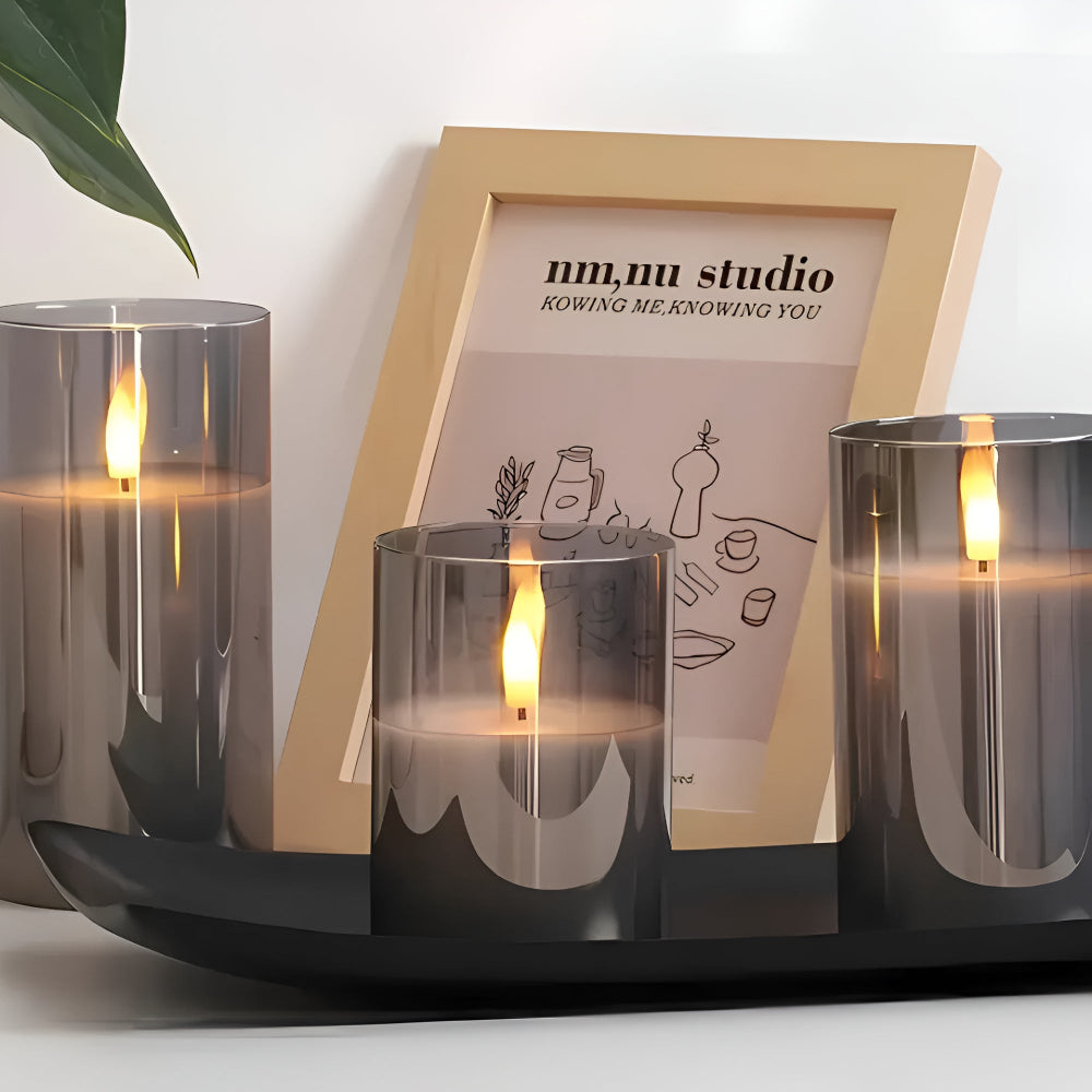 Set of flameless LED pillar candles with frosted glass, realistic battery-operated candles for home decor and ambient lighting