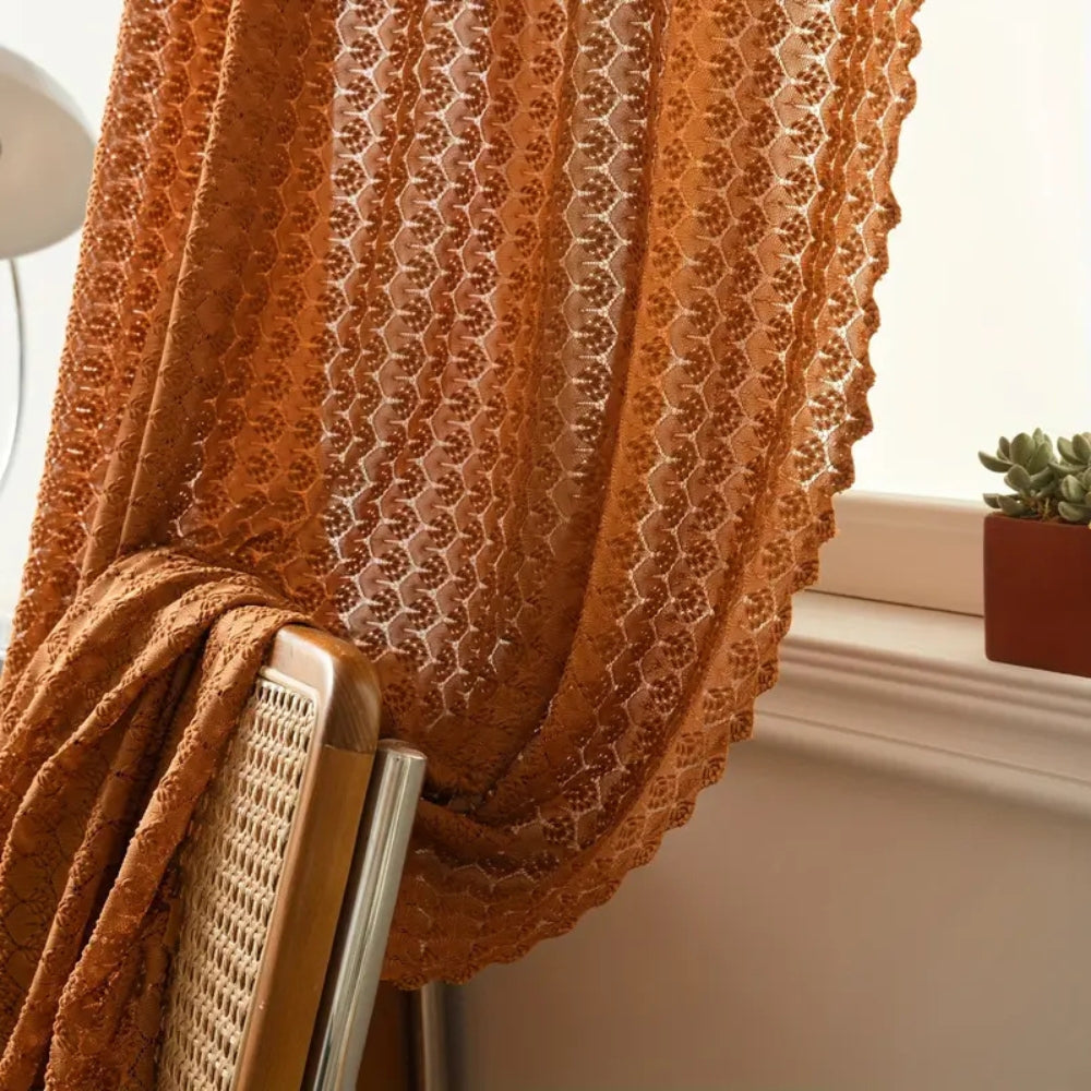 Rust orange sheer curtain with geometric pattern, lightweight decorative window drape for living room or bedroom